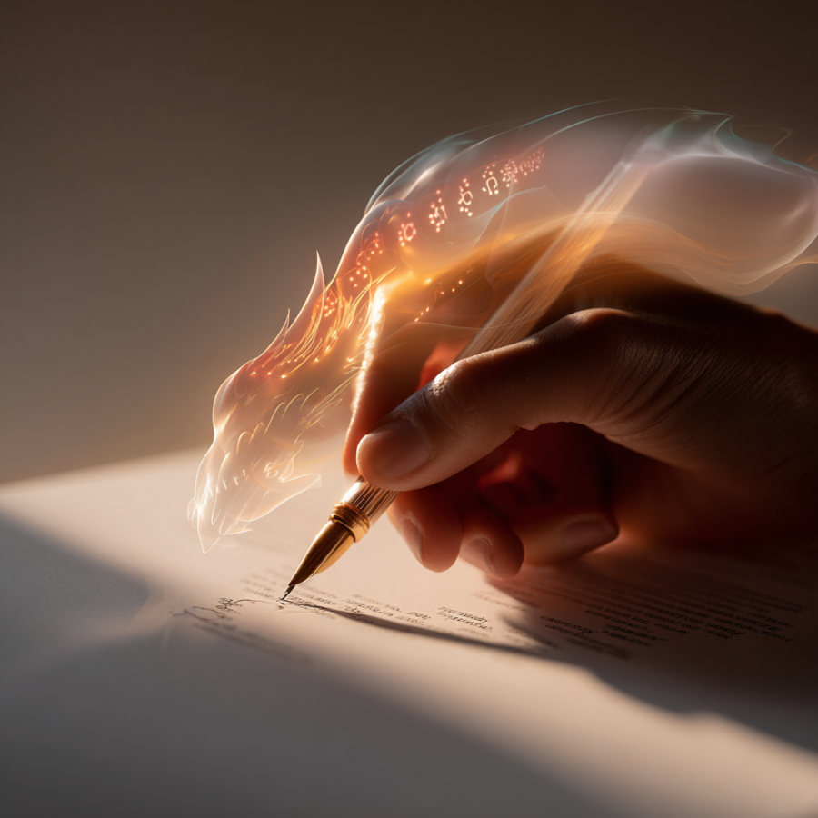 a hand writing on a paper with magical effects flowing over the hand